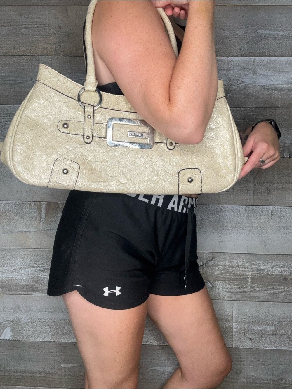 Guess Y2K vintage 2000s snakeskin leather Shoulder Bag Silver buckle emboss croc